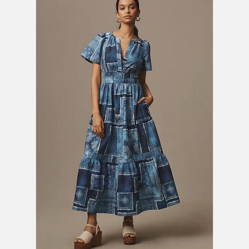 Anthropologie The Somerset Maxi Dress Cotton Bandana Patchwork Print Blue M NWT